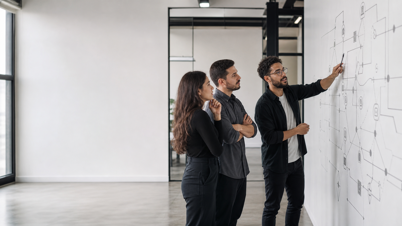 Profissionais analisando uma decisão em conjunto em ambiente de trabalho.
